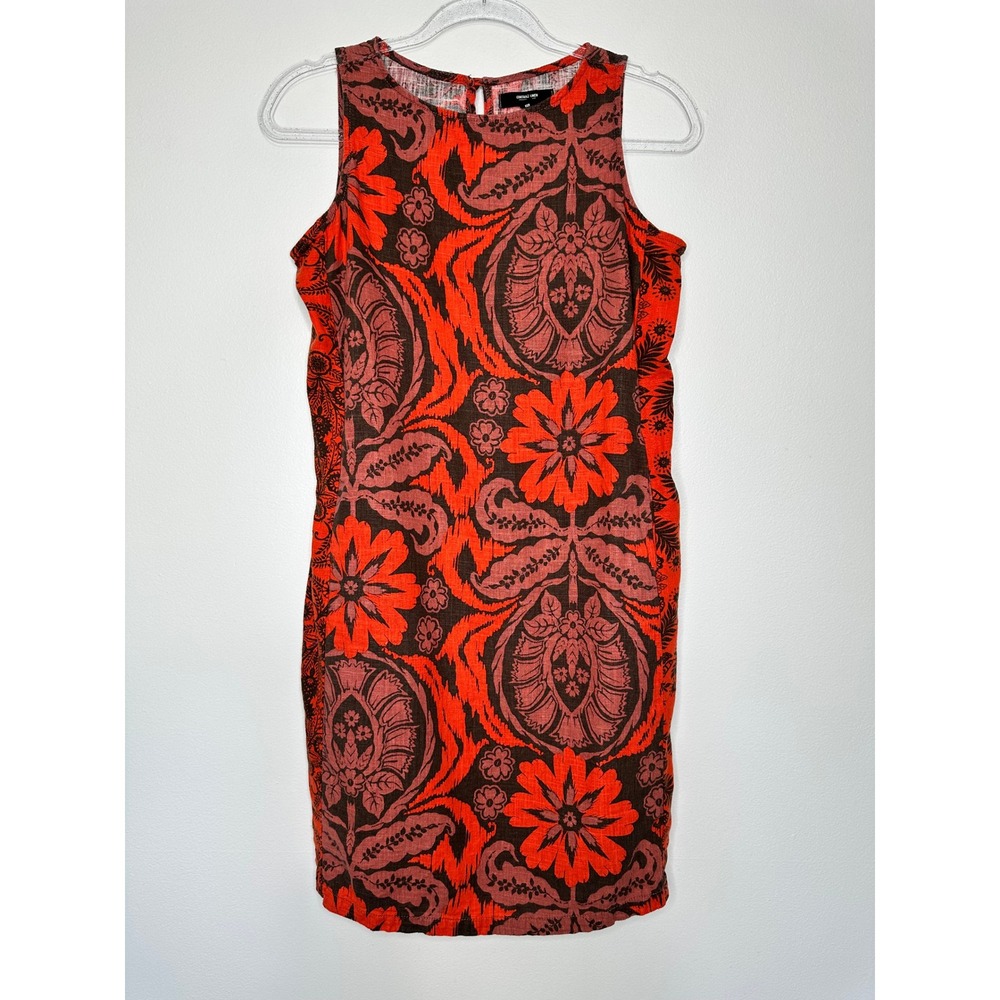 Next Shift Dress Sz 8 UK US 4 Orange Brown Floral Linen Blend Sleeveless Pockets